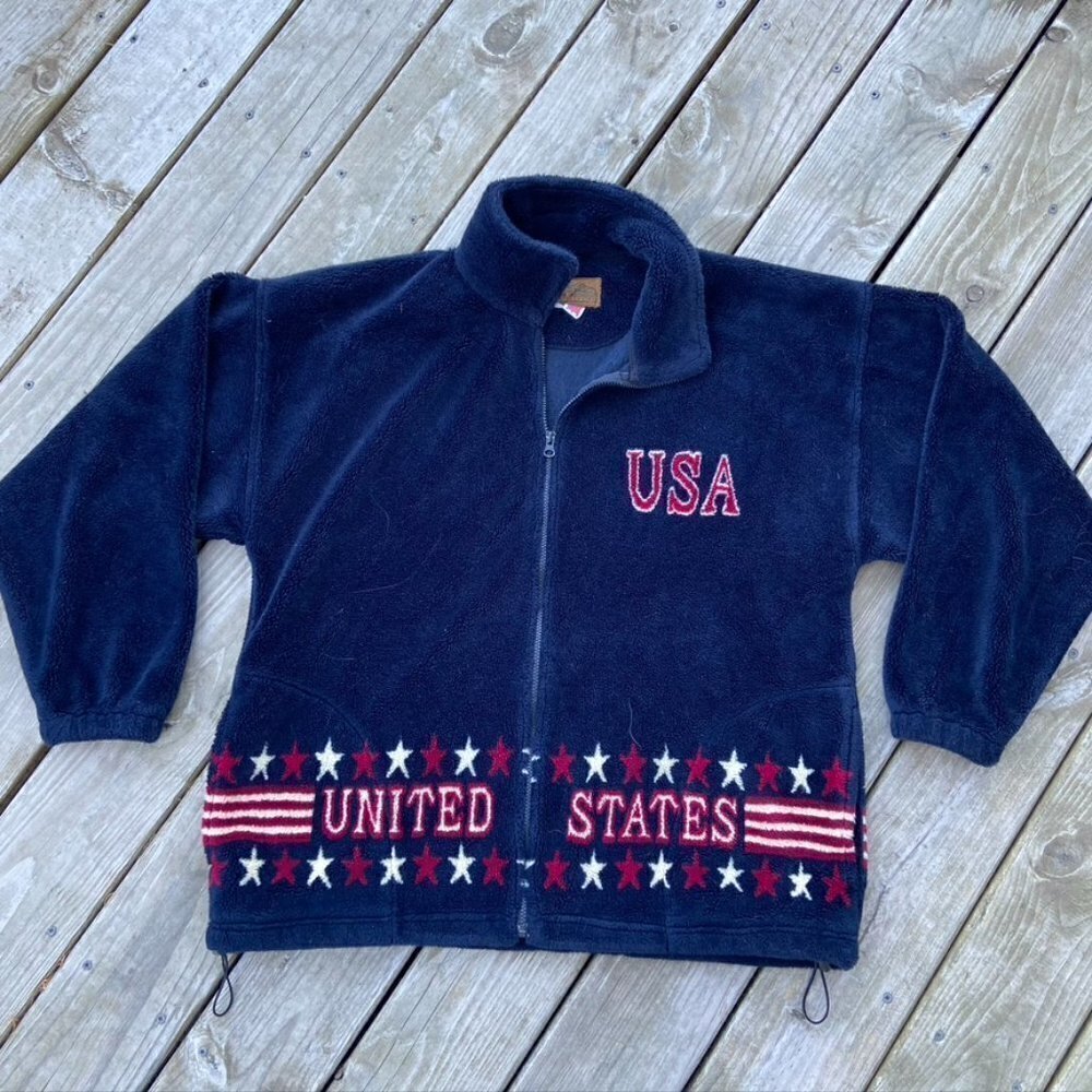 Bear Ridge plush fleece cozy American flag jacket full zip USA XL